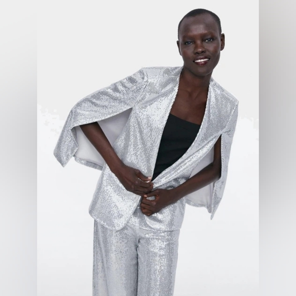 ZARA Silver Sequin Cape Blazer Jacket Metallic Size L